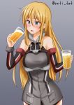  1girl alcohol anti_(untea9) beer bismarck_(kantai_collection) blonde_hair blue_background blue_eyes blush cup detached_sleeves drinking_glass highres holding holding_drinking_glass kantai_collection long_hair open_mouth simple_background solo twitter_username 