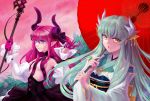  2girls blue_eyes breasts dragon_girl dragon_horns fate/grand_order fate_(series) green_hair horns kiyohime_(fate/grand_order) lancer_(fate/extra_ccc) long_hair long_sleeves looking_at_viewer multiple_girls multiple_horns pointy_ears purple_hair small_breasts tail umbrella yellow_eyes 