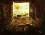  brick_wall broken day duster gradient_sky highres horuga_(holga1995) indoors messy_room no_humans original ruins sliding_doors trash tree wooden_floor 