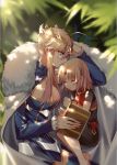  2girls arm_up artoria_pendragon_(all) artoria_pendragon_(lancer) bangs black_dress blonde_hair blue_eyes blurry book braid cloak closed_eyes closed_mouth crown dappled_sunlight depth_of_field dress eyebrows_visible_through_hair fate/apocrypha fate/grand_order fate_(series) fur_trim hair_between_eyes half_updo hand_up holding holding_book light_smile looking_at_another multiple_girls open_mouth outdoors parted_bangs saber_of_red short_sleeves sidelocks sleeping sunlight yorukun younger 