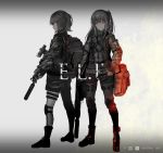  2girls armband backpack bag belt boots closed_mouth commentary dot_nose english fire flame grey_background greyscale gun hand_on_hip highres holding holding_gun holding_weapon inabi knee_pads leg_belt long_hair long_sleeves looking_to_the_side medium_hair military monochrome multiple_girls one_side_up original ponytail red_eyes rifle scope shorts shoulder_bag sniper_rifle sparks spot_color standing suppressor weapon weapon_request 