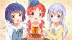  3girls :d aayh black_ribbon blue_eyes blue_hair box chimame-tai collarbone eyebrows_visible_through_hair gift gift_box gochuumon_wa_usagi_desu_ka? hair_between_eyes hair_ornament happy_birthday highres holding holding_box jouga_maya kafuu_chino long_hair multiple_girls natsu_megumi neck_ribbon open_mouth orange_eyes red_ribbon redhead ribbon shirt short_hair silver_hair smile twintails upper_body v very_long_hair yellow_eyes yellow_shirt 