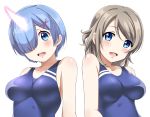  2girls :d blue_eyes blue_hair blue_swimsuit blush breasts breasts_apart brown_hair collarbone competition_swimsuit crossover hair_over_one_eye highres horn leixue_kongling looking_at_viewer love_live! love_live!_school_idol_project love_live!_sunshine!! medium_breasts multiple_girls one-piece_swimsuit open_mouth re:zero_kara_hajimeru_isekai_seikatsu rem_(re:zero) shiny shiny_skin short_hair sideboob simple_background smile swimsuit upper_body watanabe_you white_background 