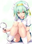  1girl :d alternate_costume bangs blush breasts buruma commentary_request cuffs eyebrows_visible_through_hair fate/grand_order fate_(series) foreshortening green_hair gym_uniform handcuffs holding horns kiyohime_(fate/grand_order) kneehighs knees_together_feet_apart leg_hug long_hair looking_at_viewer medium_breasts open_mouth sen_(astronomy) shirt short_sleeves sidelocks sitting smile solo thighs very_long_hair white_legwear white_shirt yellow_eyes yellow_hairband 
