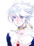  1boy blue_eyes chest_jewel collar eyelashes fate/apocrypha fate_(series) jewelry karna_(fate) pale_skin single_earring solo white_hair zuwai_kani 