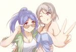  2girls ;q blue_hair breasts cleavage collarbone dolphin_hair_ornament floating_hair green_jacket grey_eyes grey_hair hair_ornament hairclip hand_on_another&#039;s_hip high_ponytail jacket ken_(kenta1922) leaning_forward long_hair love_live! love_live!_sunshine!! matsuura_kanan medium_breasts midriff multiple_girls navel one_eye_closed open_clothes open_jacket pink_eyes shirt short_hair simple_background smile stomach sunglasses tongue tongue_out upper_body watanabe_you white_background white_shirt 