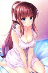  1girl animal animal_on_shoulder bangs barefoot between_legs blue_eyes blunt_bangs blush breasts cleavage closed_mouth collarbone eyebrows_visible_through_hair hair_ribbon hand_between_legs hedgehog highres long_hair looking_at_viewer medium_breasts mole mole_on_breast new_game! nightgown pasdar ponytail purple_hair ribbon sidelocks sitting smile solo soujirou_(new_game!) takimoto_hifumi underwear underwear_only very_long_hair wariza 