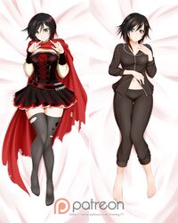  alfred_cullado barefoot black_hair black_legwear blush breasts cape corset dakimakura grey_eyes hair_between_eyes hair_over_one_eye hand_on_own_stomach highres lying medium_breasts midriff multicolored_hair navel on_back pajamas patreon_logo redhead ruby_rose rwby short_hair smile thigh-highs torn_cape torn_clothes torn_thighhighs watermark web_address 