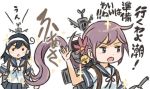  2girls ahoge akebono_(kantai_collection) bell black_hair comic commentary_request flower hair_bell hair_flower hair_ornament hairband hand_up kantai_collection multiple_girls otoufu pleated_skirt purple_hair remodel_(kantai_collection) rigging salute school_uniform serafuku short_sleeves side_ponytail skirt sparkle translation_request ushio_(kantai_collection) violet_eyes white_background 