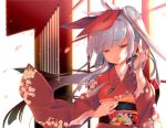  1girl adjusting_hair albino bangs blurry blurry_background bow commentary_request eyebrows_visible_through_hair hair_ornament hand_on_head hand_on_own_stomach haneri head_tilt japanese_clothes kamizuki_shiki kimono long_sleeves looking_at_viewer obi obiage obidome obijime original parted_lips red_bow red_eyes sash sidelocks smile standing upper_body white_hair wide_sleeves wind window 