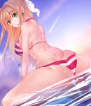  1girl :o ahoge ass back bikini blonde_hair bow braid breasts dutch_angle earrings evening fate/grand_order fate_(series) floating from_behind green_eyes hair_bow hair_intakes half_updo halterneck jewelry kouhirohaunnme large_breasts long_hair looking_at_viewer muscle nero_claudius_(swimsuit_caster)_(fate) partially_submerged saber_extra sky solo squatting striped striped_bikini swimsuit water wet wind 