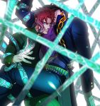  2boys awa_suna blue_eyes blurry bound chains depth_of_field earrings gakuran glowing glowing_eyes hierophant_green injury jewelry jojo_no_kimyou_na_bouken kakyouin_noriaki kuujou_joutarou male_focus multiple_boys protecting redhead school_uniform stardust_crusaders tentacle tied_up 