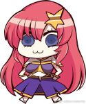  1girl :3 absurdly_long_hair baocaizi blue_eyes chibi gundam gundam_seed gundam_seed_destiny hair_ornament hands_on_hips long_hair meer_campbell parody pink_hair riyo_(lyomsnpmp)_(style) smile solo star star_hair_ornament style_parody very_long_hair 