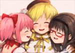  3girls ^_^ akemi_homura beret black_hair blonde_hair blush closed_eyes drill_hair glasses group_hug hairband hat hug kaname_madoka long_hair mahou_shoujo_madoka_magica multiple_girls neck_ribbon pink_hair red-framed_eyewear red_ribbon ribbon semi-rimless_glasses short_hair silverxp sketch smile tomoe_mami under-rim_glasses 