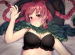  1girl bare_arms bed_sheet black_bow black_bra blurry blush bow bra braid breasts cleavage commentary_request depth_of_field dress dress_lift green_dress hair_bow highres kaenbyou_rin lace lace-trimmed_bra large_breasts long_hair looking_at_viewer lying on_back red_eyes redhead shiny shiny_hair solo tareme topia touhou twin_braids underwear upper_body 