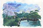  architecture blue_sky bridge calligraphy_brush_(medium) cherry_blossoms day east_asian_architecture grass hill nature no_humans original outdoors path reflection river road rock sawitou_mizuki scenery sky traditional_media tree 