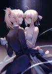  2girls absurdres artoria_pendragon_(all) bangs bare_shoulders black_gloves blue_eyes closed_mouth dancing dress eyebrows_visible_through_hair fate/apocrypha fate/stay_night fate_(series) gloves hair_between_eyes hand_holding highres interlocked_fingers looking_at_viewer looking_back multiple_girls open-back_dress parted_bangs saber saber_of_red sidelocks smile tuxedo white_dress yorukun 