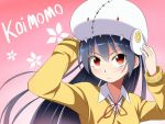 1girl adjusting_clothes adjusting_hat blush character_request copyright_name gradient gradient_background hat khnchak koimomo long_hair looking_at_viewer pink_background red_eyes school_uniform solo 