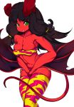  1girl absurdres black_hair breasts demon_girl demon_tail demon_wings green_eyes highres horns long_hair looking_at_viewer red_skin simple_background skindentation slugbox smile solo tail thick_thighs thighs white_background wings 