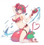  1girl bangs bikini blush closed_mouth clover_hair_ornament elphelt_valentine eyebrows_visible_through_hair flower full_body green_eyes guilty_gear guilty_gear_xrd hair_flower hair_ornament hairband heart holding looking_at_viewer migumigu navel pink_hair polka_dot polka_dot_bikini red_bikini red_flower short_hair simple_background smile solo straddling swimsuit water water_gun white_background 