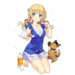  1girl amelie_mcgregor bangs barefoot blonde_hair blue_dress blue_eyes blush braid dog dress drink eating eyebrows_visible_through_hair food food_on_face fork french_braid jewelry long_hair looking_at_viewer mmu necklace official_art onigiri orange_juice petals plate sausage seiza short_dress sitting smile solo transparent_background uchi_no_hime-sama_ga_ichiban_kawaii wavy_hair 