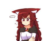  ... 1girl animal_ears bangs brooch brown_hair commentary dress flying_sweatdrops imaizumi_kagerou jewelry long_hair red_eyes simple_background solo spoken_ellipsis touhou upper_body white_background white_dress wolf_ears wool_(miwol) 