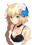  1girl besmiled blonde_hair blue_eyes blush breasts cleavage closed_mouth collarbone eyebrows_visible_through_hair fate/grand_order fate_(series) flower hair_flower hair_ornament large_breasts looking_at_viewer ruler_(fate/apocrypha) smile solo upper_body 