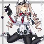  1girl alternate_hairstyle black_gloves black_legwear black_skirt bottle brown_eyes brown_hair capelet character_name cosplay gloves graf_zeppelin_(kantai_collection) graf_zeppelin_(kantai_collection)_(cosplay) hat highres kantai_collection long_hair long_sleeves military military_uniform one_eye_closed pantyhose peaked_cap pleated_skirt pola_(kantai_collection) sazamiso_rx skirt smile solo twintails uniform wine_bottle 