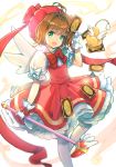  1girl 90s antenna_hair ayami_(annahibi) bangs brown_hair card card_captor_sakura clow_card dress eyebrows_visible_through_hair frills fuuin_no_tsue glove_bow gloves green_eyes hat highres holding holding_wand kero kinomoto_sakura looking_at_viewer magical_girl open_mouth pantyhose pink_hat puffy_short_sleeves puffy_sleeves red_dress short_hair short_sleeves smile solo sparkle tareme wand white_gloves white_legwear wings 