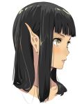  1girl bangs black_hair blunt_bangs collarbone elf enami_katsumi expressionless eyelashes isekai_shokudou kuro_(isekai_shokudou) long_hair looking_away parted_lips pointy_ears portrait shiny shiny_hair simple_background solo teeth white_background yellow_eyes 