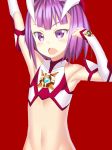  1girl aoi_souji bikini breasts detached_sleeves eyebrows_visible_through_hair fate/grand_order fate_(series) helena_blavatsky_(fate/grand_order) helena_blavatsky_(swimsuit_archer)_(fate) highres navel open_mouth purple_hair short_hair small_breasts solo swimsuit violet_eyes 