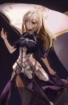  1girl armor armored_dress blonde_hair breasts crying_eye fate/apocrypha fate/grand_order fate_(series) flag headpiece large_breasts long_hair ruler_(fate/apocrypha) scabbard sheath sheathed solo sword thigh-highs violet_eyes weapon 