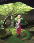  ahoge blonde_hair blush closed_mouth day fate_(series) garden grass green_eyes high_heels highres hinoshita_akame japanese_clothes koha-ace long_skirt long_sleeves looking_at_viewer outdoors plant pleated_skirt red_skirt sakura_saber skirt smile standing tree wall wide_sleeves 