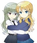  2girls alternate_hairstyle anchovy belt black_necktie black_skirt blonde_hair blue_eyes blue_skirt blue_sweater clenched_teeth closed_mouth collared_shirt couple darjeeling eyebrows_visible_through_hair female gedou_(ge_ge_gedou) girls_und_panzer green_hair grey_skirt grin hair_between_eyes hair_down head_tilt highres hug long_hair long_sleeves looking_at_viewer multiple_girls mutual_yuri neck necktie pleated_skirt red_eyes shiny shiny_hair shirt simple_background skirt smile standing sweater teeth wavy_hair white_background white_shirt yuri 