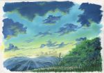  blue_sky bush clouds cloudy_sky commentary day gradient_sky grass highres mountain no_humans original outdoors plant sawitou_mizuki scenery sky sunrise traditional_media 