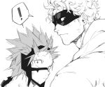  ! 2boys boku_no_hero_academia chikuwawa domino_mask fatgum greyscale kirishima_eijirou looking_at_viewer looking_back male_focus mask monochrome multiple_boys simple_background spoken_exclamation_mark upper_body white_background 