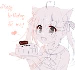  1girl :d ahoge animal_ears bangs birthday blush bow cake cat_ears cat_girl commentary_request english eyebrows_visible_through_hair fang food hair_between_eyes hair_ornament hair_ribbon hairclip happy_birthday heart heart_ahoge highres holding holding_plate long_hair long_sleeves looking_away monochrome open_mouth original paw_print plate ribbon school_uniform serafuku sidelocks simple_background smile solo tareme translated twintails upper_body white_background xiaosamiao 
