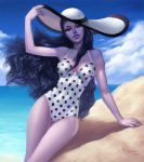  1girl anolea artist_name black_hair clouds dated day hat highres lips long_hair looking_at_viewer ocean one-piece_swimsuit outdoors overwatch polka_dot polka_dot_swimsuit purple_lips purple_skin sky solo sun_hat swimsuit thick_lips wavy_hair widowmaker_(overwatch) yellow_eyes 