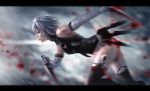  1girl arm_garter arm_wrap assassin assassin_of_black black_legwear blood bloody_weapon blurry blurry_background breasts cleavage_cutout fate/apocrypha fate_(series) from_side green_eyes holding holding_weapon knife leaning_forward leather_suit leotard looking_away motion_blur profile realistic running shenhaixun short_hair silver_hair tattoo thigh-highs thighs weapon 