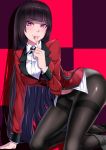  1girl :p absurdres all_fours bangs black_hair black_legwear blazer blunt_bangs blush breasts crotch_seam eyebrows_visible_through_hair finger_to_mouth highres hime_cut index_finger_raised jabami_yumeko jacket kakegurui large_breasts long_hair looking_at_viewer navel panties panties_under_pantyhose pantyhose red_eyes red_jacket school_uniform shushing skirt skirt_around_one_leg solo thighband_pantyhose tongue tongue_out underwear very_long_hair xiao_gen 