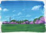  blue_sky building calligraphy_brush_(medium) cherry_blossoms city clouds commentary field grass no_humans outdoors sawitou_mizuki scenery sky skyscraper tower traditional_media tree 