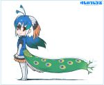  1girl arms_at_sides artist_name bird_tail black_hair black_shirt blue_border blue_hair blue_ribbon blue_vest border chibi closed_mouth collared_shirt copyright_name dated dot_nose floating_hair full_body gradient_hair green_hair hair_between_eyes head_wings kemono_friends long_hair looking_at_viewer multicolored multicolored_clothes multicolored_hair multicolored_skirt neck_ribbon pantyhose peacock_feathers peafowl_(kemono_friends) pleated_skirt red_eyes ribbon shadow shirt shoes short_over_long_sleeves simple_background skirt smile standing tail vest white_background white_footwear white_hair white_legwear white_shoes wings yoshizaki_mine 