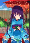  1girl absurdres autumn_leaves bangs bench blue_kimono blue_sky blurry blush breasts closed_mouth commentary_request cowboy_shot cup day depth_of_field eyebrows_visible_through_hair falling_leaves fence floral_print gochuumon_wa_usagi_desu_ka? green_tea hair_between_eyes hair_ornament hairclip highres holding holding_cup japanese_clothes kimono leaf long_hair long_sleeves looking_at_viewer maple_leaf medium_breasts mottsun_(i_40y) oriental_umbrella outdoors print_kimono purple_hair sash sidelocks sitting sky smile solo tea tedeza_rize tree twintails umbrella violet_eyes wide_sleeves 