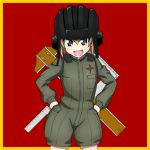  1girl bangs bickle_(bickle1983) blonde_hair blue_eyes commentary cowboy_shot crossed_arms emblem fang girls_und_panzer green_jumpsuit hands_on_hips helmet katyusha long_sleeves looking_at_viewer military military_uniform open_mouth pravda_(emblem) pravda_military_uniform short_hair short_jumpsuit smile solo standing uniform 