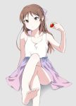  1girl barefoot bow brown_eyes brown_hair food fruit hair_bow highres idolmaster idolmaster_cinderella_girls iichiko_(398016) long_hair looking_at_viewer sketch skirt solo strawberry tachibana_arisu 