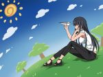  1girl armpits bangs black_hair black_shoes blunt_bangs breasts chin_rest clouds grass khnchak large_breasts long_hair original paper_airplane profile shoes sitting sleeveless smile solo sun tree very_long_hair 