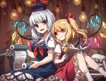  2girls ascot blonde_hair blue_hair book book_stack bookshelf breasts brown_eyes brown_shoes flandre_scarlet frilled_skirt frills hair_ribbon hat hat_removed headwear_removed highres holding holding_book indoors kamishirasawa_keine kozakura_(dictionary) large_breasts light_bulb long_hair mob_cap multicolored_hair multiple_girls pointy_ears puffy_short_sleeves puffy_sleeves red_eyes red_ribbon red_skirt ribbon scroll shoes short_sleeves side_ponytail silver_hair sitting skirt skirt_set smile socks touhou two-tone_hair vest white_hat white_legwear wings 