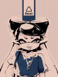  +_+ 1girl :p aori_(splatoon) artist_name blouse casual closed_mouth highres jewelry long_hair looking_at_viewer mole mole_under_eye monochrome necklace pointy_ears polka_dot polka_dot_background seto_(asils) short_sleeves solo splatoon standing tentacle_hair tongue tongue_out upper_body 