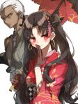  &gt;:( 1boy 1girl alternate_costume bangs black_bow blush bow brown_gloves brown_hair chibirisu closed_mouth collared_shirt dark_skin dark_skinned_male emiya_alter eyebrows_visible_through_hair fate/grand_order fate_(series) fingers_to_mouth floral_print gloves hair_bow hair_ornament highres holding holding_umbrella ishtar_(fate/grand_order) japanese_clothes kimono long_hair long_sleeves looking_at_viewer looking_away male_focus necktie parted_bangs pinstripe_pattern red_eyes red_kimono sash shirt smile smirk striped tohsaka_rin twintails two_side_up umbrella white_background white_hair wide_sleeves yellow_eyes 
