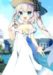  1girl :d ameshizuku_natsuki blue_eyes bow bracelet breasts dress fate/grand_order fate_(series) flower hair_ornament hat hat_bow house jewelry long_dress long_hair looking_at_viewer marie_antoinette_(fate/grand_order) open_mouth outdoors river seashell shell silver_hair small_breasts smile solo spaghetti_strap starfish sun_hat sundress twintails very_long_hair white_dress 